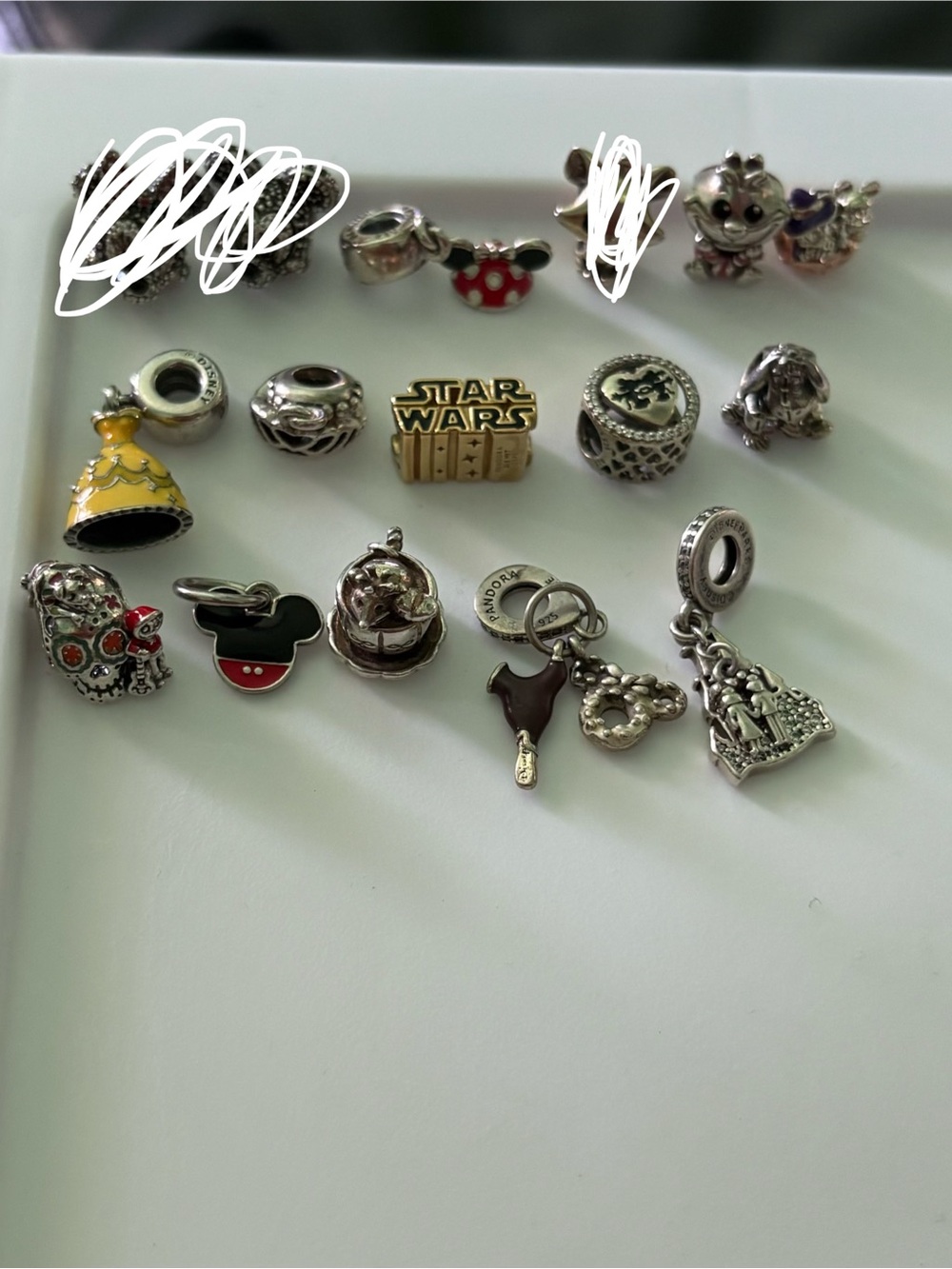 Pandora Disney & Star Wars Mixed Silver mm Charm Lot with Yellow and Red Accents